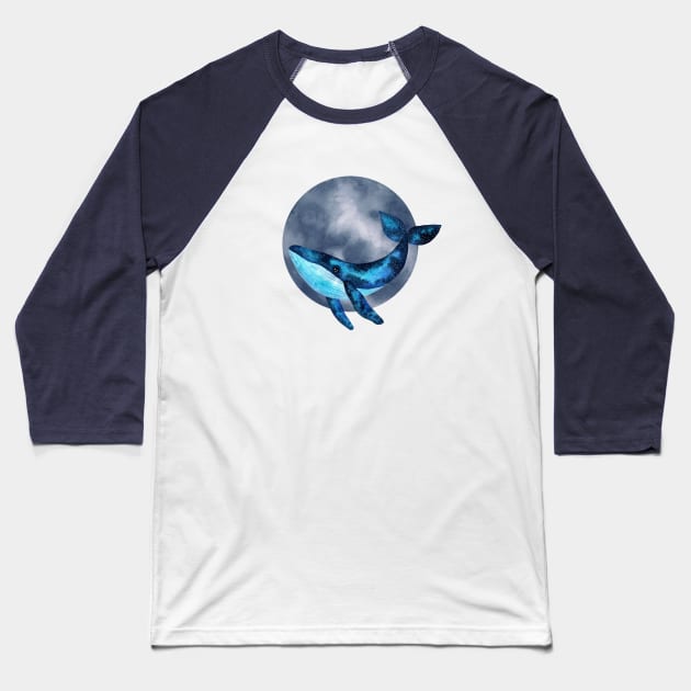 Cute watercolor space blue whale illustration with blue moon bubble Baseball T-Shirt by Ieva Li ART